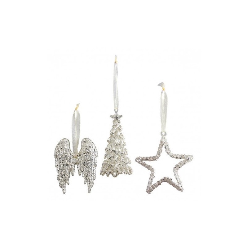 MATHILDE CREATIONS - Set di Tre Decorazioni Glitterate Argento