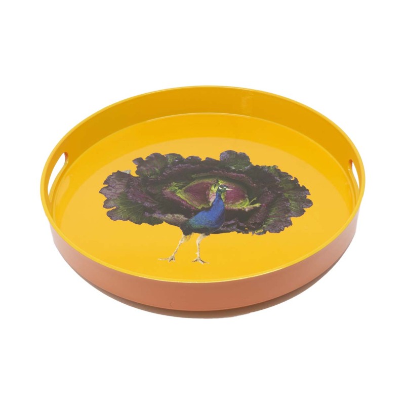 WD LIFESTYLE - Vassoio Tondo con Fondo Colorato e Stampa PAVONE