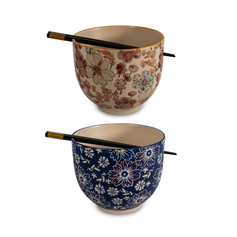 WD LIFESTYLE - Set di Due Ciotole da Ramen e Due Bacchette | BIANCO, ROSA E BLU