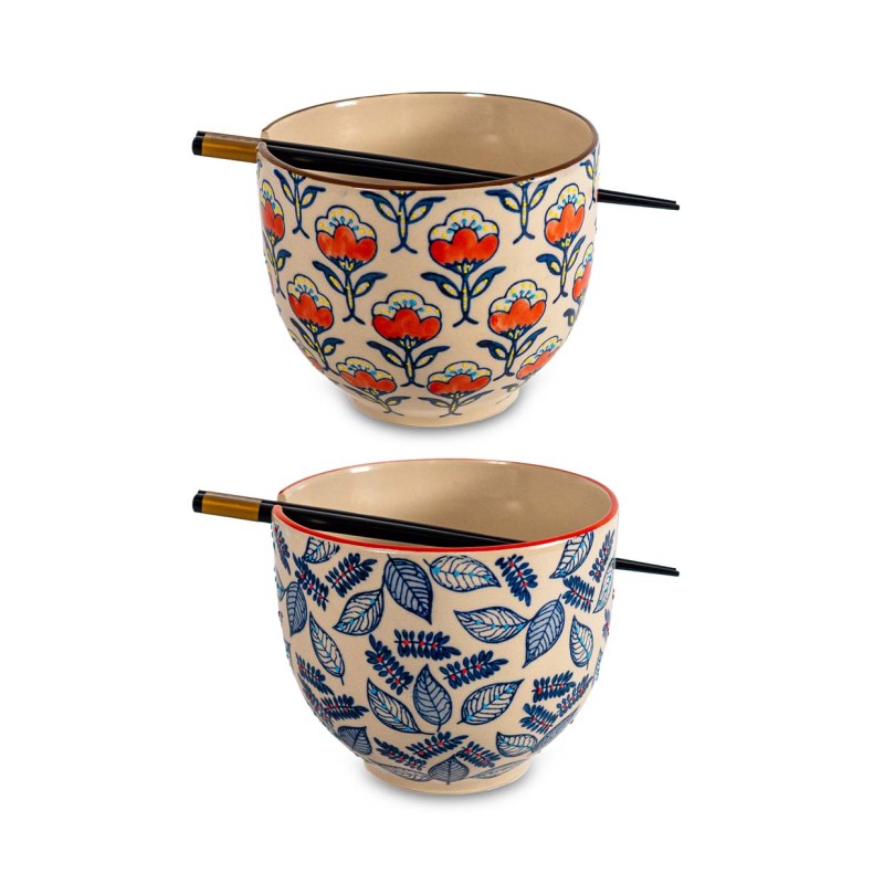 WD LIFESTYLE - Set di Due Ciotole da Ramen e Due Bacchette | BIANCO, ROSSO E BLU