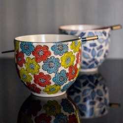 WD LIFESTYLE - Set di Due Ciotole da Ramen e Due Bacchette | BIANCO, ROSSO E FLOREALE