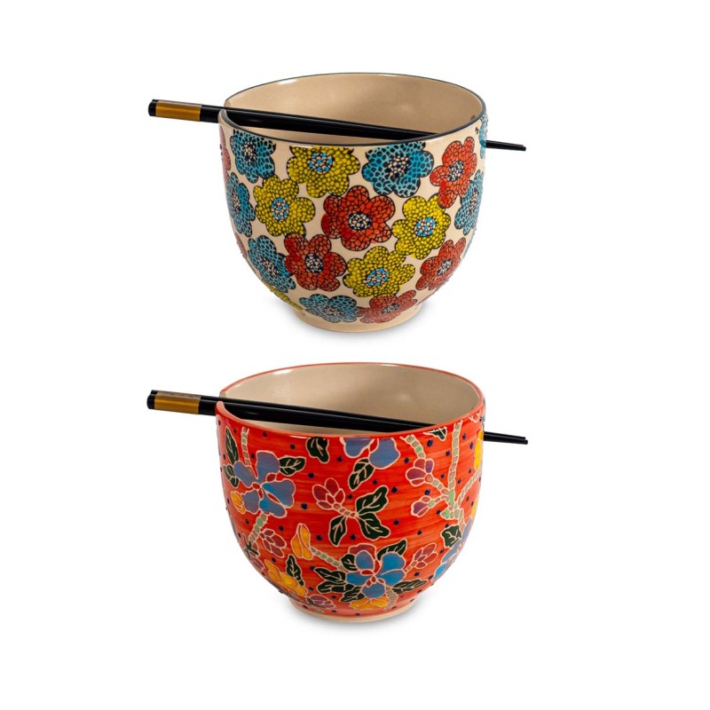 WD LIFESTYLE - Set di Due Ciotole da Ramen e Due Bacchette | BIANCO, ROSSO E FLOREALE